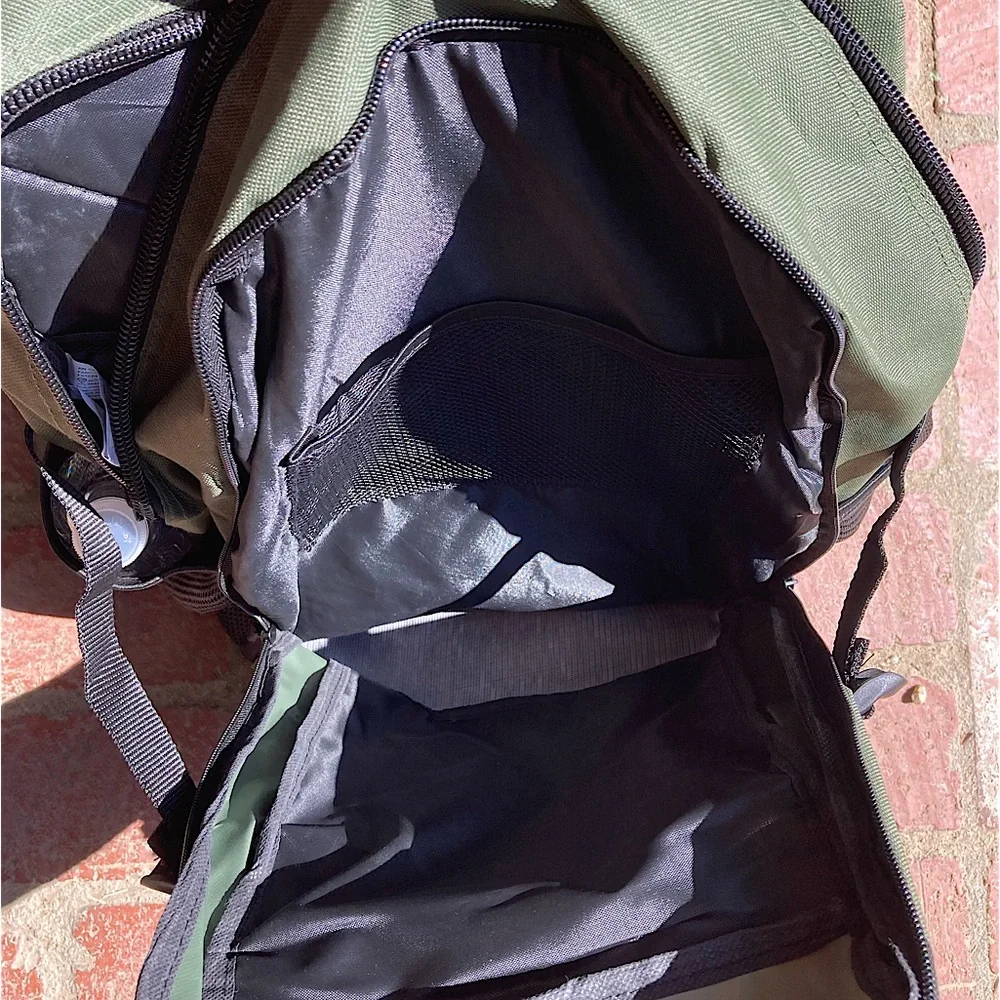 Backpack Avocado Green with Black Trim Side Pockets New 19” Unisex